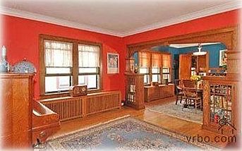 Spacious living and dining room with bulit-ins