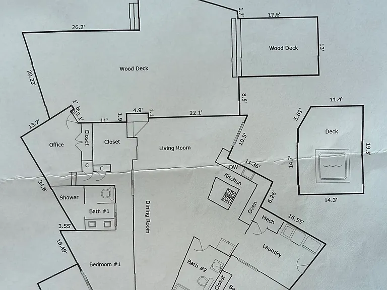 Floorplan of the house and hot tub deck (actual deck is further from house)