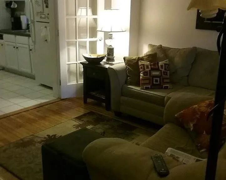Example of furnished living room by a previous tenant. Wall gas heater by the French door has been removed since the photo was taken.