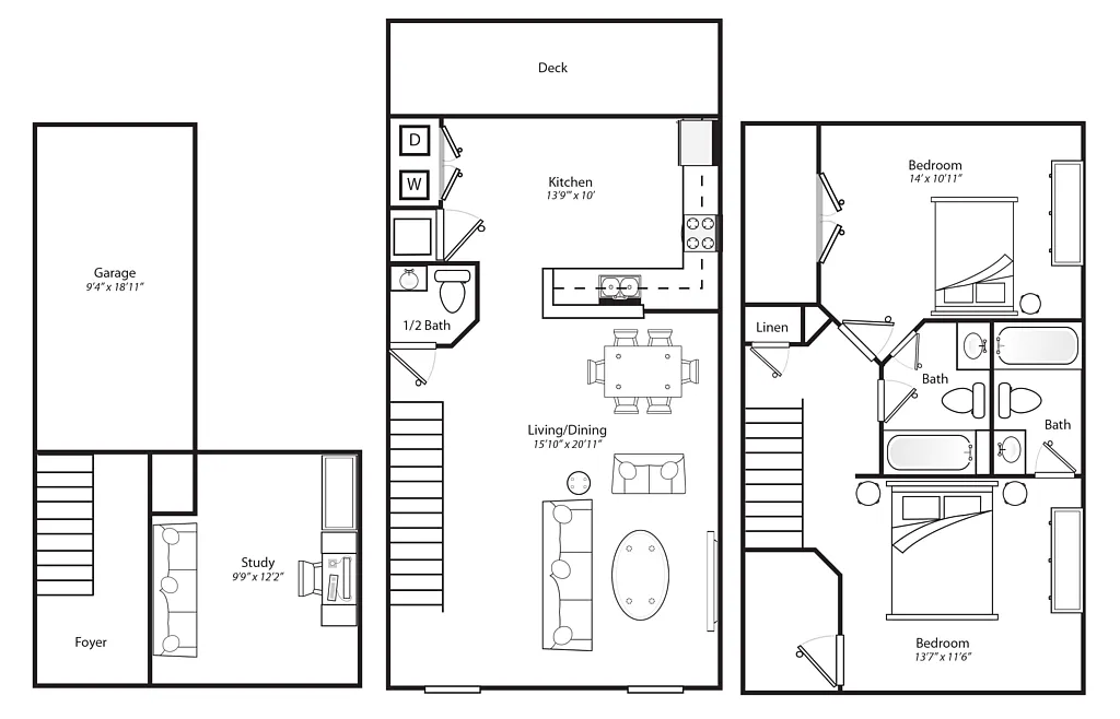 Floor plan 2 Bed 2.5 Bath w/ Den & Garage 60%