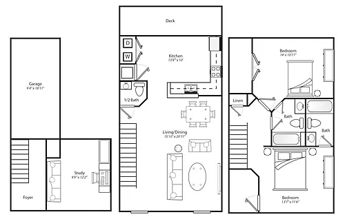 Floor plan 2 Bed 2.5 Bath w/ Den & Garage 60%
