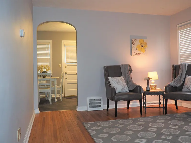 Living room and kitchen viewed from front door