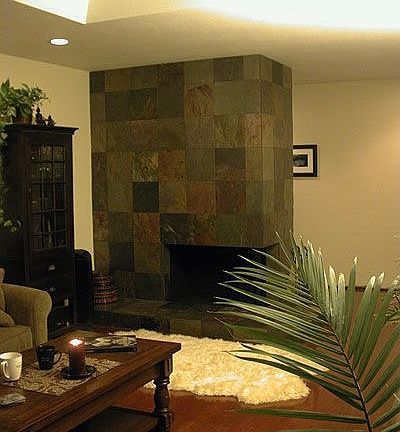 Art stone, slate fireplace.