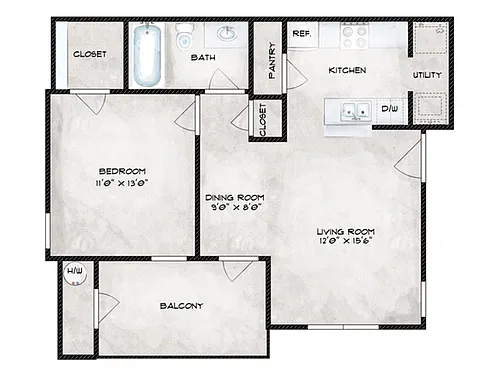Floor plan 1 Bed, 1 Bath (60% Income Restricted)