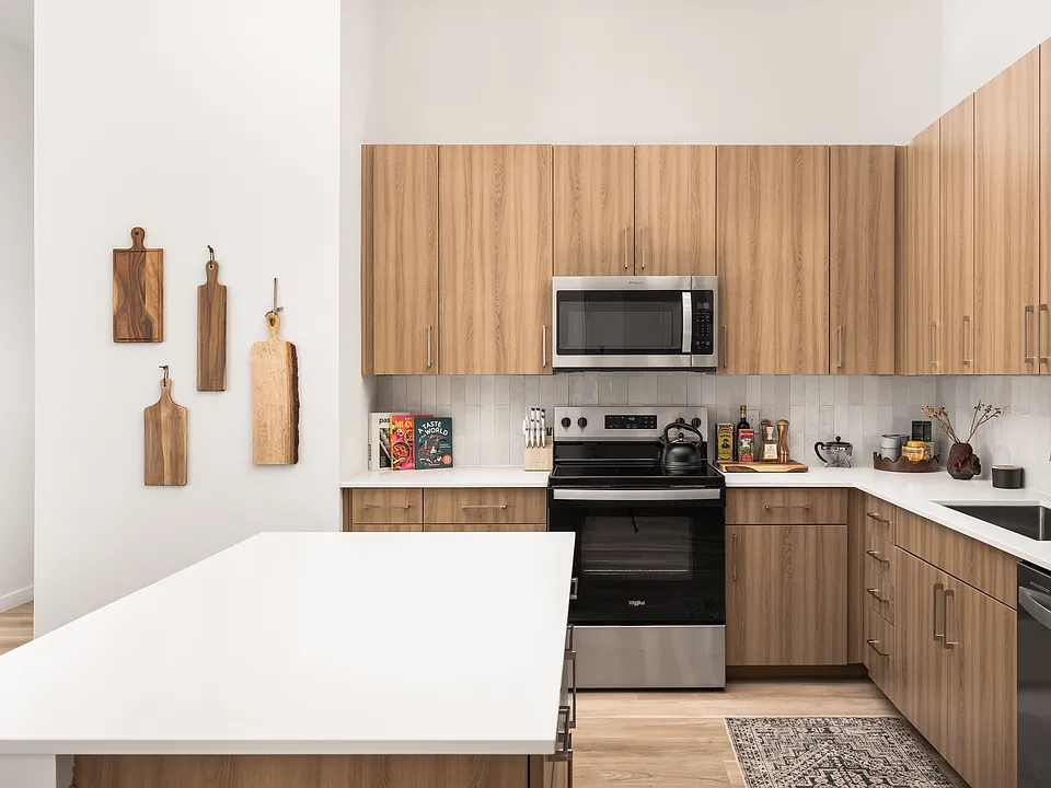 Contemporary wood, flat-front cabinetry