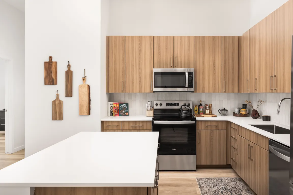 Contemporary wood, flat-front cabinetry