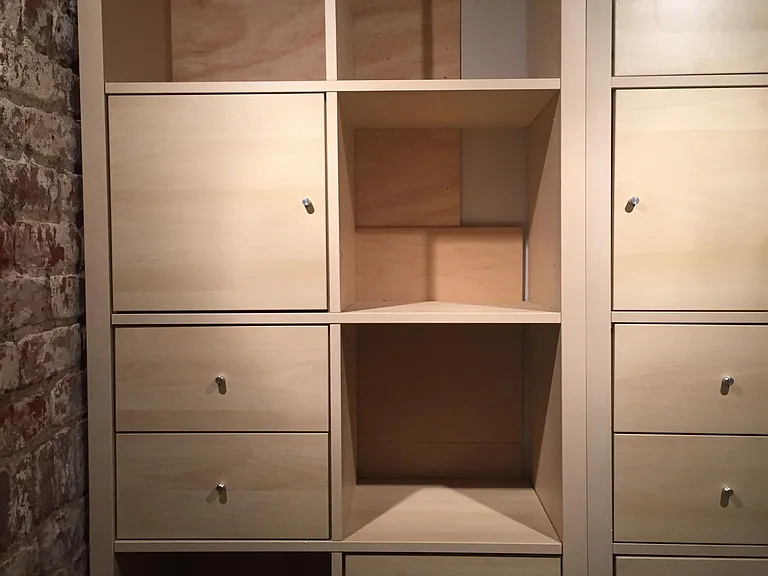 Built in shelves and storage.