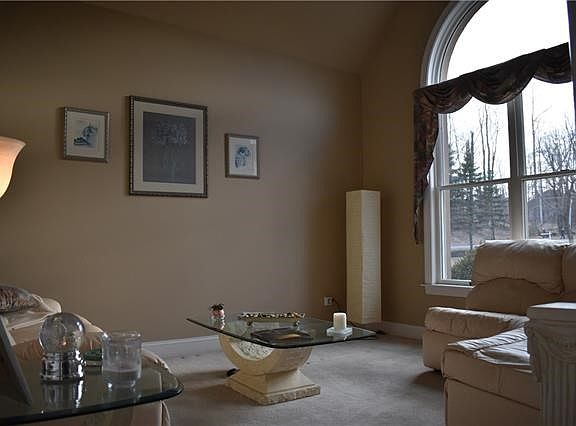 Sunlit living room with sweeping front lawn views.