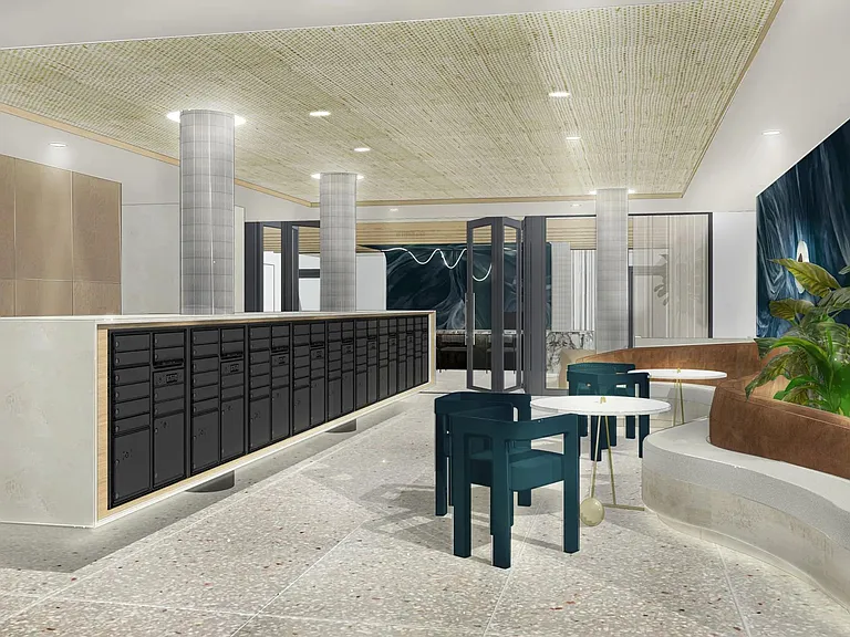 A welcoming mail lounge with bold textures, built-in seating, and a refined, modern finish.