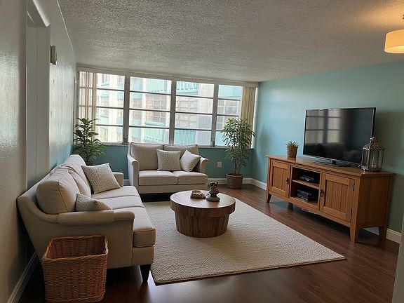 Living Room with large window and lakefront view. (Staging by AI, furniture not included)
*Blinds are included