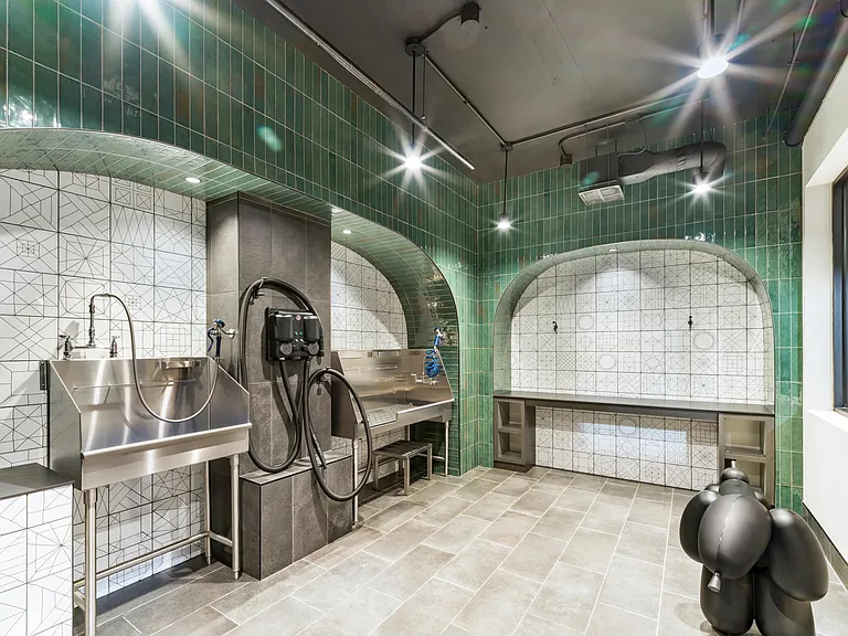 Pet wash station with tiled arches, stainless steel fixtures, and dedicated grooming space designed for easy cleanup and everyday care for your beloved companions.