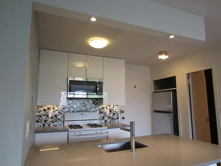 fully renovated kitchen with SS microwave, fridge, gas stove and oven