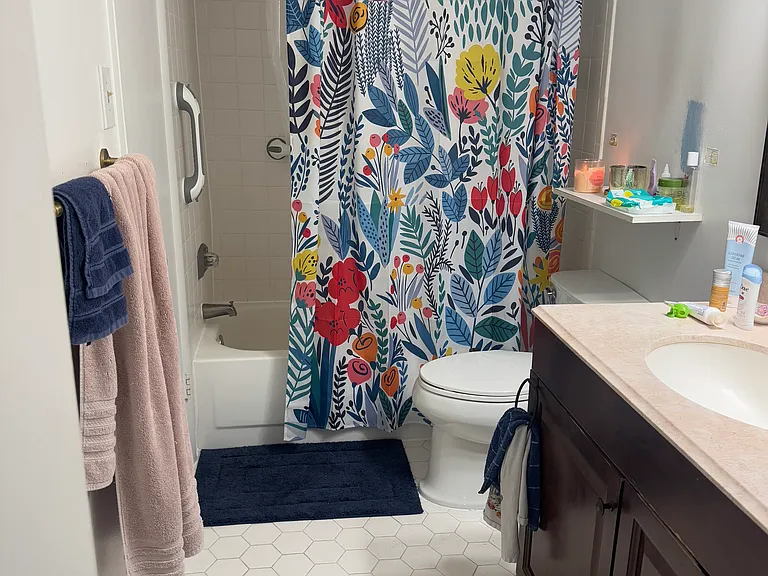 Bathroom with shower/tub. Door on the left (next to the shower) is the walk in closet for the primary bedroom.