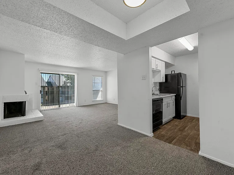 Spacious open floor plan with access to kitchen and fireplace with sliding door