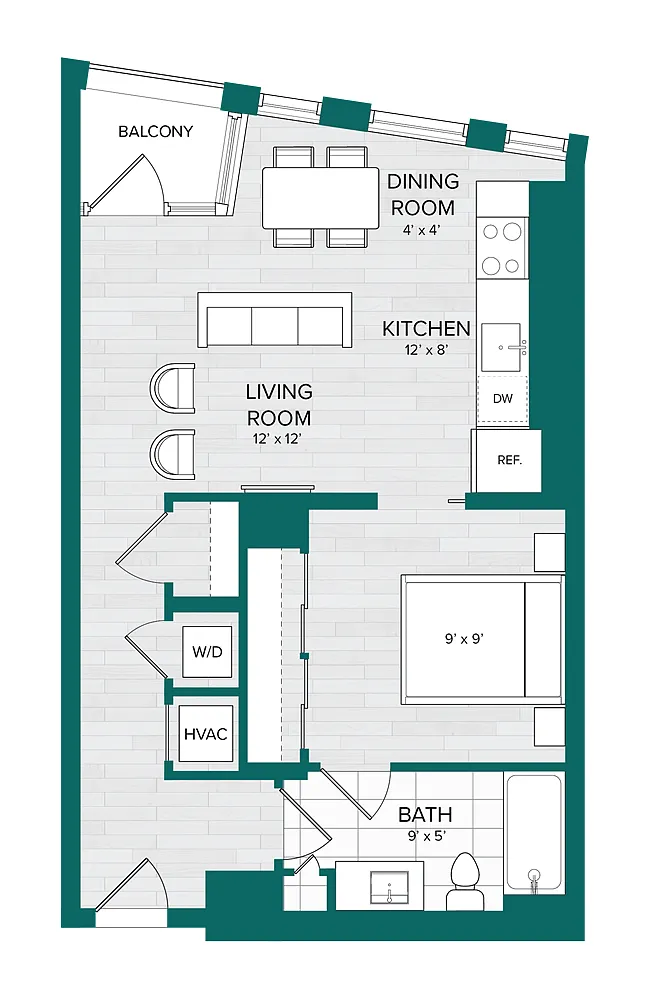 Floor plan 1 Bed 1 Bath Junior-B1.2