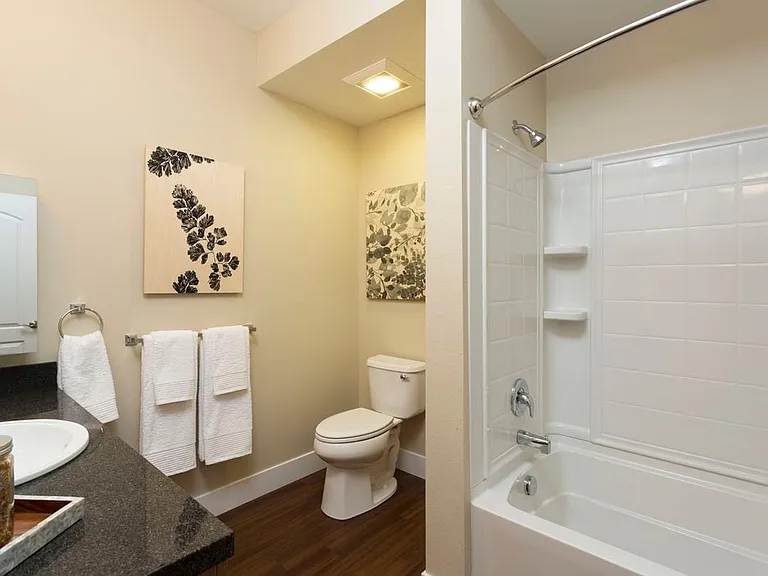 Classic Package III bath with black speckled granite countertop, oak cabinetry, and hard surface flooring