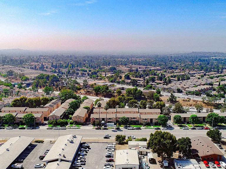 Aerial drone view of Olive View Gardens and the surrounding San Fernando Valley.