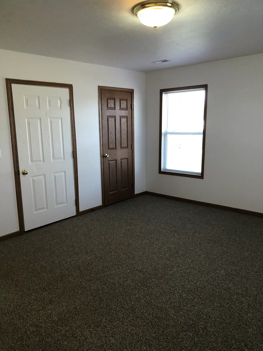 Living room with storage closet, new carpeting, and front entrance convenient to the 2 available parking spaces. - 210 E Bridge St