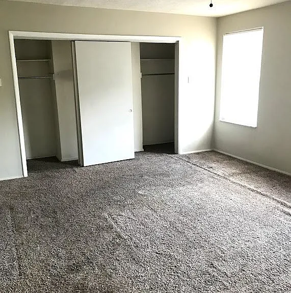 Master bedroom closet doors opened.