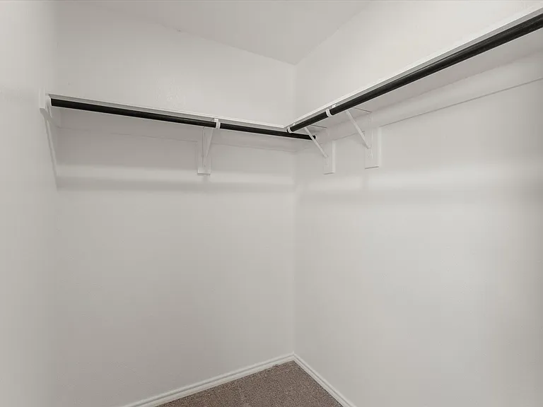 Walk-in closet with white walls, white shelving, dark metal hanging rods, and carpet flooring
