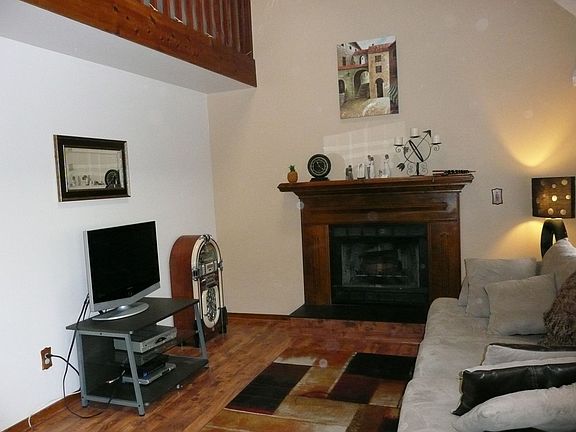 Family room with vaulted ceiling and skylights