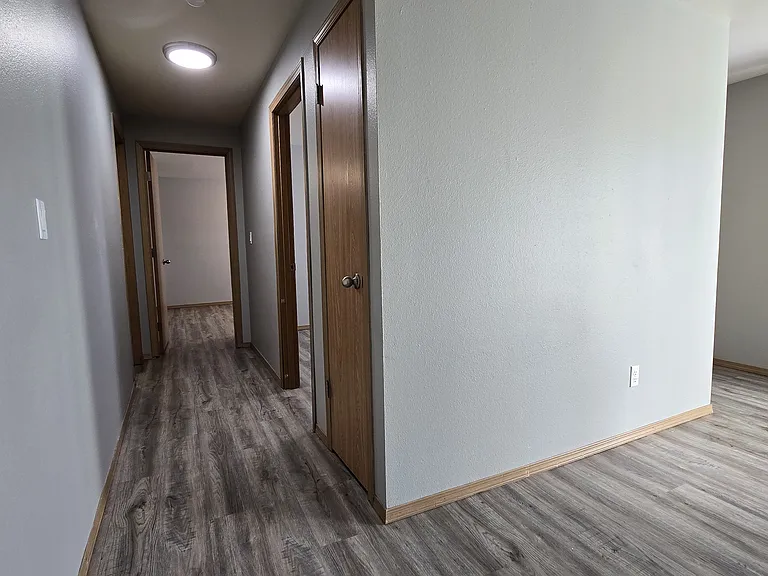 Bright hallway with wood-style flooring and neutral finishes, offering easy access to bedrooms and living areas. Clean, open flow enhances the layout and functionality of the home.