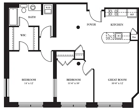 Floor plan AC-AH Two Bedroom, One Bathroom
