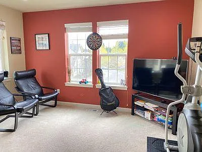 The Loft - spacious area on the upper level that can host two desks, an elliptical, a TV and two chairs easily and can be your go-to gym+office+entertainment room :)