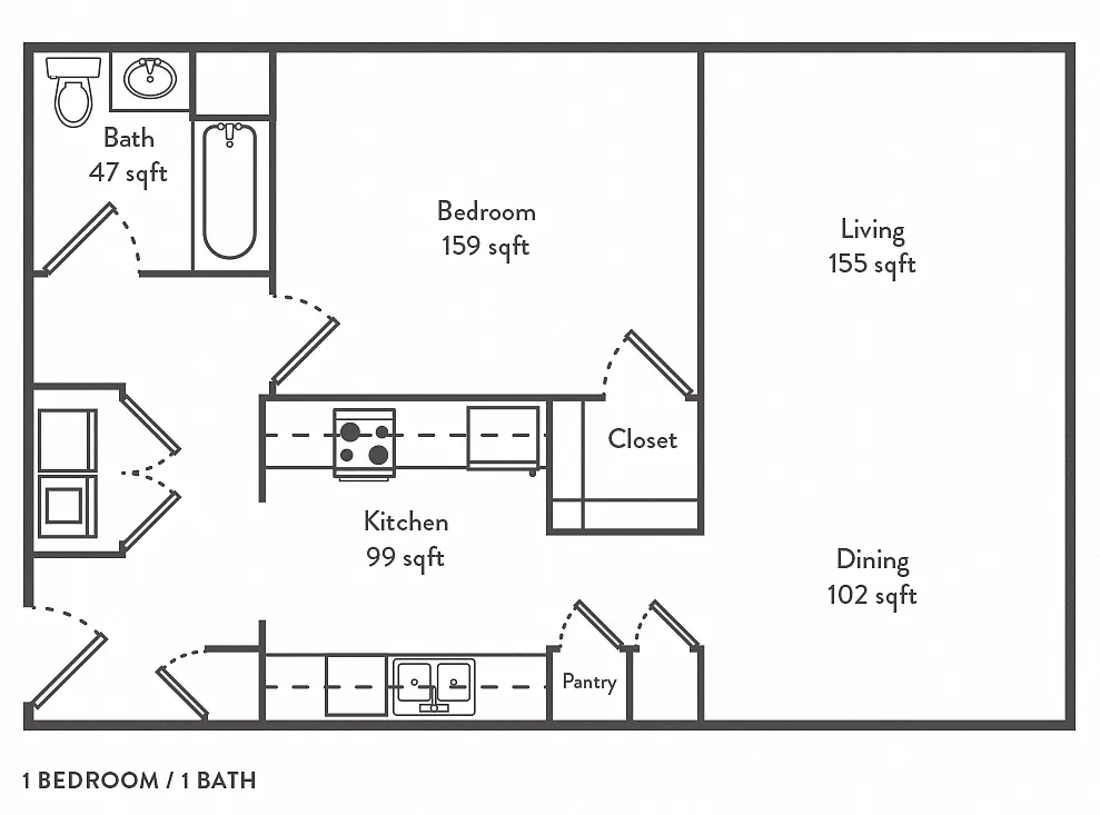 Floor plan 1 bed, 1 bath