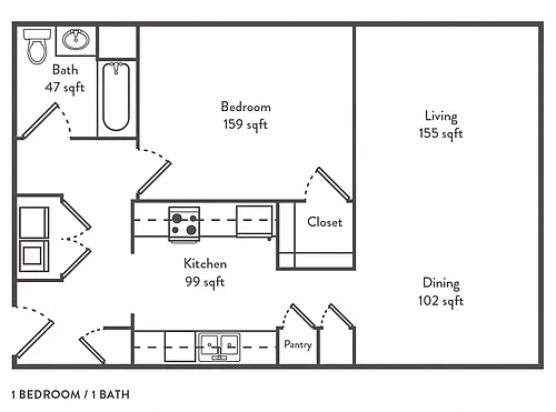 Floor plan 1 bed, 1 bath