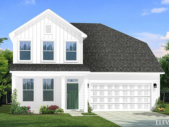 Two-story single family home with white siding, a covered front porch and 2 car garage.