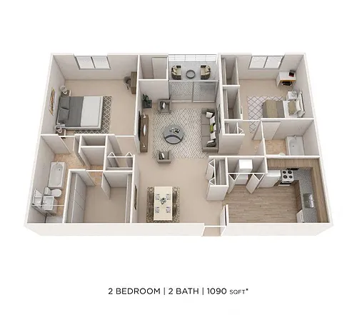 Floor plan Two Bedroom 2 Bath - 1090 sqft
