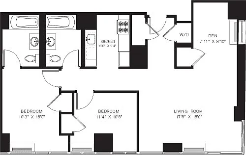 Floor plan 2 bedroom with Den F Line floors 42-50