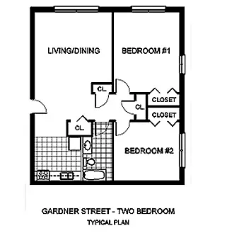 Floor plan 2BR-1BTH 730sf