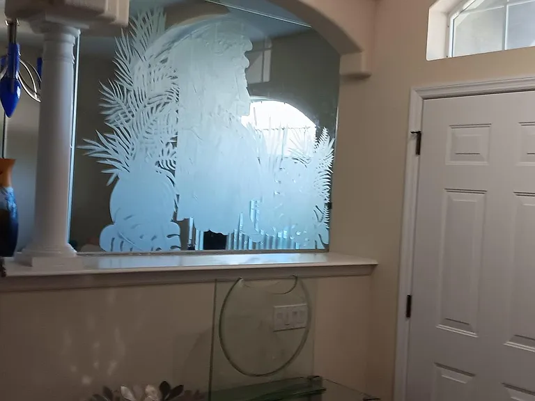 Entry doors with Hand-cut and carved (signed) Glass wall