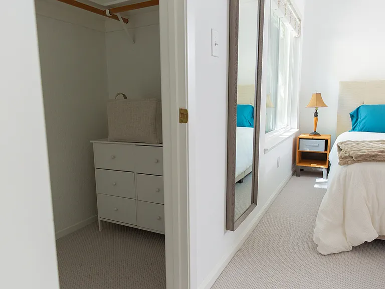Master walk-in closet with dresser and hamper.