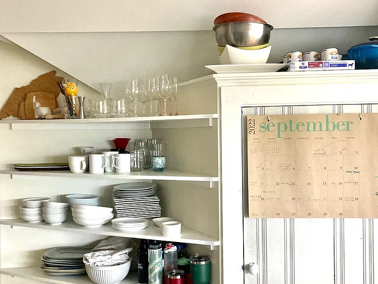 Open shelving in kitchen.