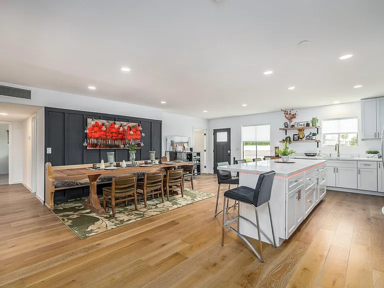 Dining area seating 10 at the Farm table, and 5 can also sit at the 10 foot kitchen island.