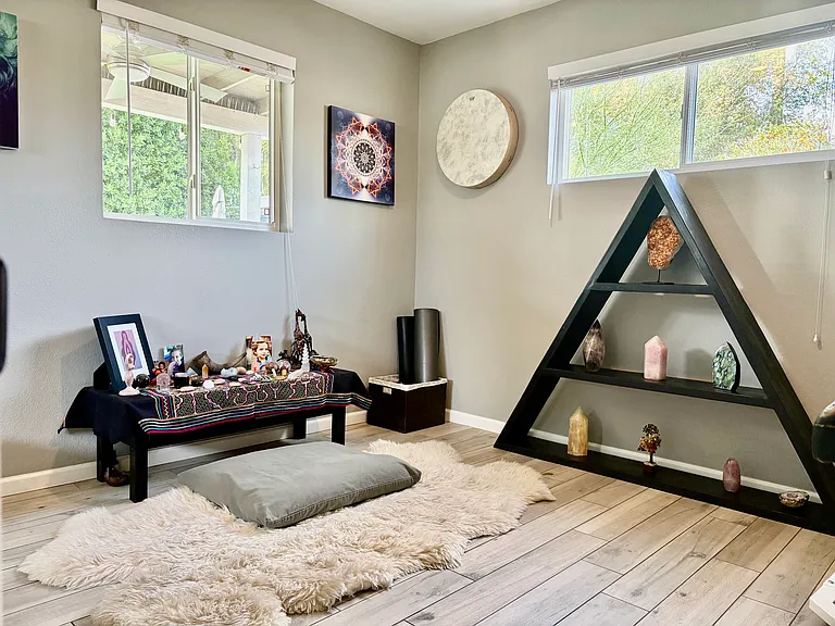 Dedicated meditation or yoga room offering a calm, flexible space for personal practice