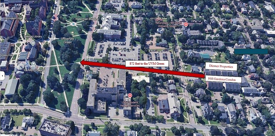 872 feet to UVM Green behind Waterman lot