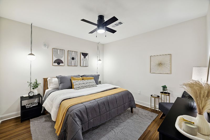 The Landers: Open-Concept bedroom with modern ceiling fan