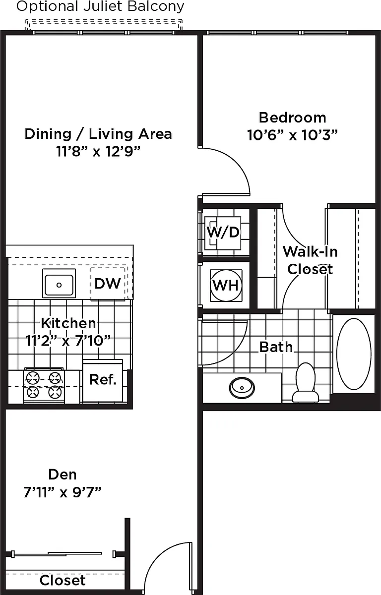 Floor plan 1 Bedroom 1 Bath + Den - AD3