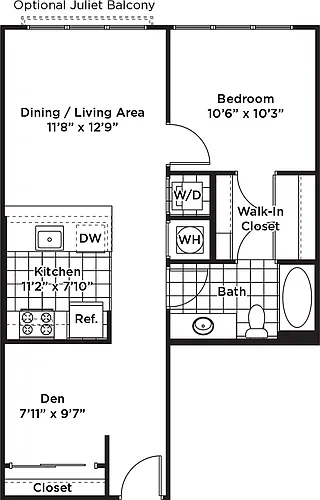 Floor plan 1 Bedroom 1 Bath + Den - AD3 Affordable 80%
