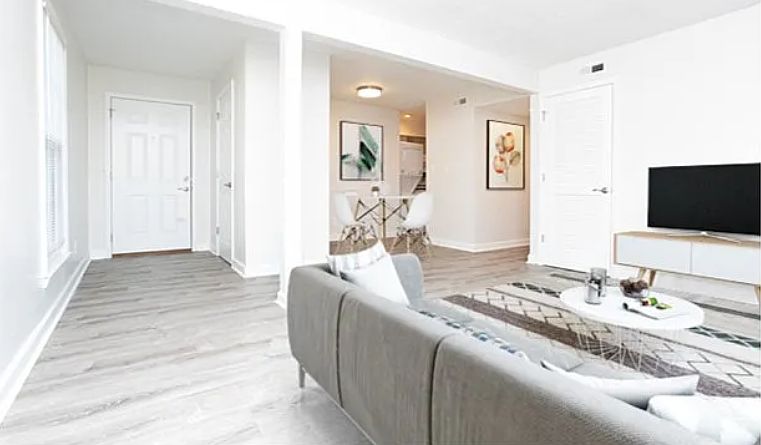 Livingroom with Luxury Vinyl planks. Luxury vinyl planks are installed throughout the apartment