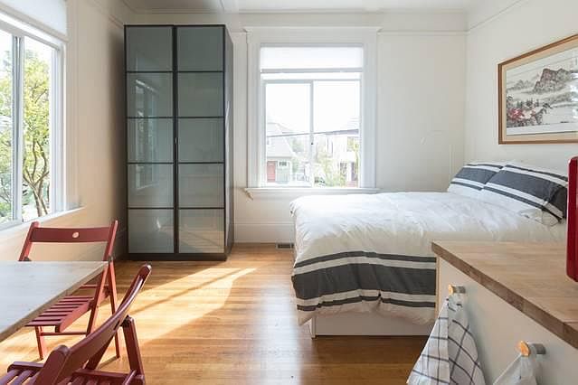 The feel of the studio, sunny, garden outside both windows.Closet contains three drawers and hanging section.