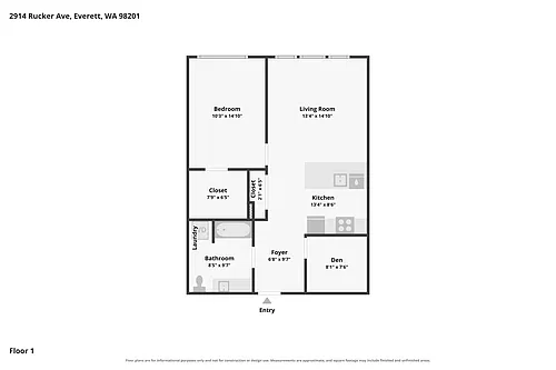 Floor plan 1BD 1BA with Den