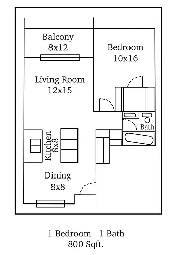 Floor plan Premium One Bed One Bath - 800 Sqft