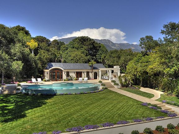 Infinity pool and spa, cabana, and Montecito foothills