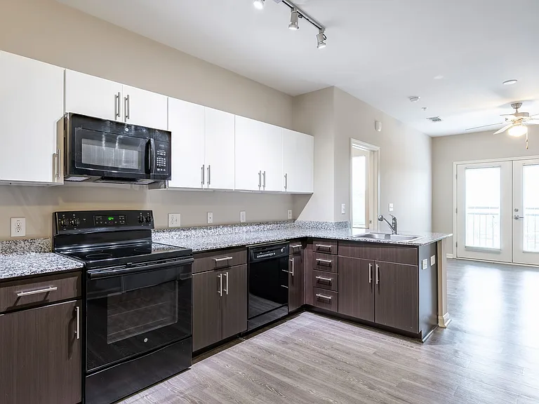 Modern kitchen with sleek dark cabinets, granite countertops, and stainless steel appliances, leading to a bright, open-concept living area.