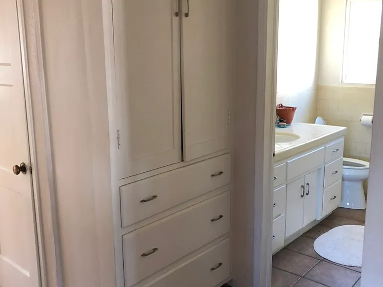 built in storage with extra closet in hallway- new floor tile, toilet and large mirrored medicine cabinet with lots of storage